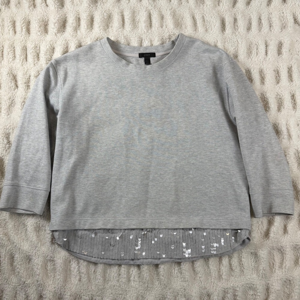 J.Crew Womens Sequin Hem Sweatshirt Gray 3/4 Sleeve Crew Neck Size L